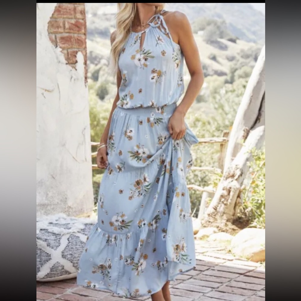Floral Horizon Smocked Maxi Dress - Blue - Medium VICI Preowned